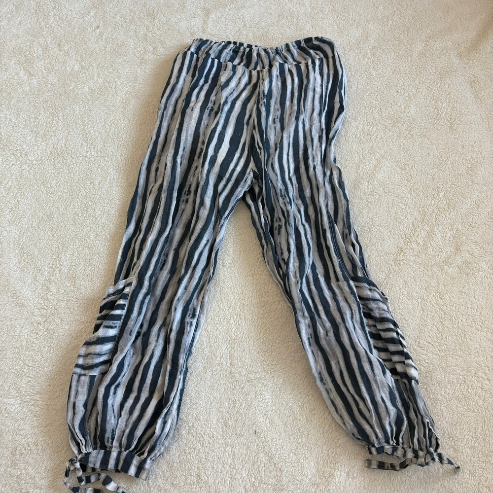 Banana‎ Blue Striped Gauze Pants Boho Tie Ankle Pockets Size S Resortwear